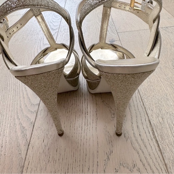 Saint Laurent Tribute Platform Stiletto Sandals: Metallic Gold Glitter Leather - Picture 5 of 16